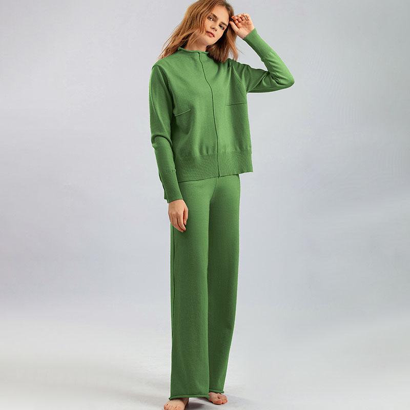Autumn Winter Women's Knitted Pants Suits Round Neck Slit Sweater Loose Casual Knitted Wide-leg Pants Two-piece Knitted Suit Outfits