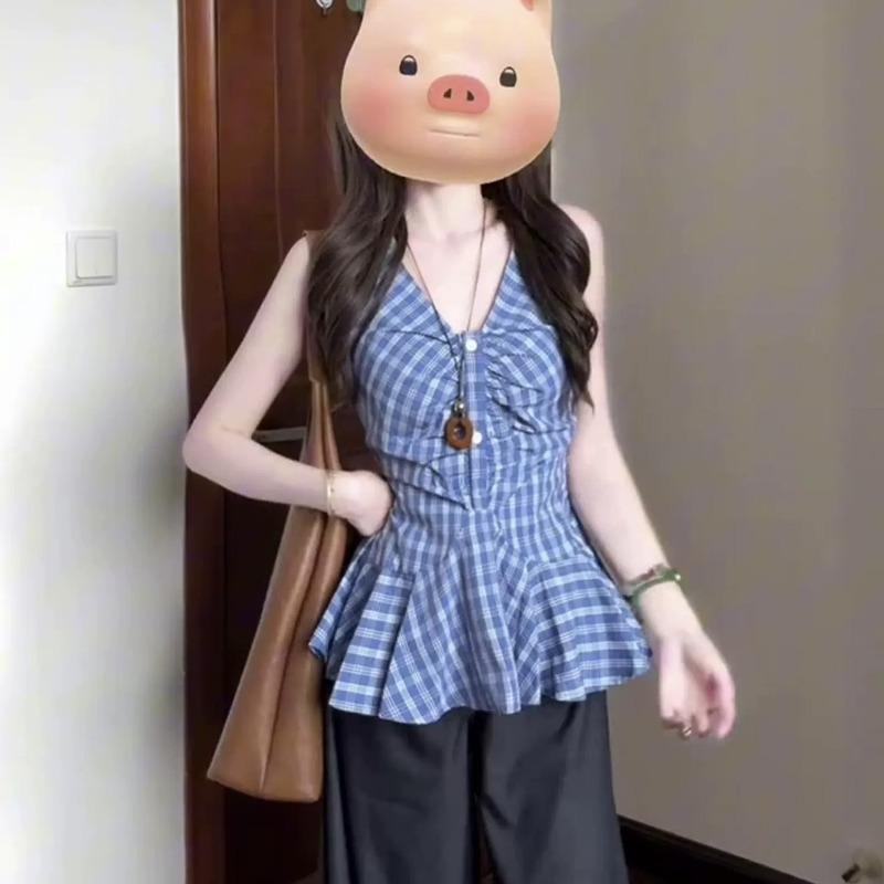 Women V Neck Plaid Sleeveless Ruched Peplum Hem Blouse S