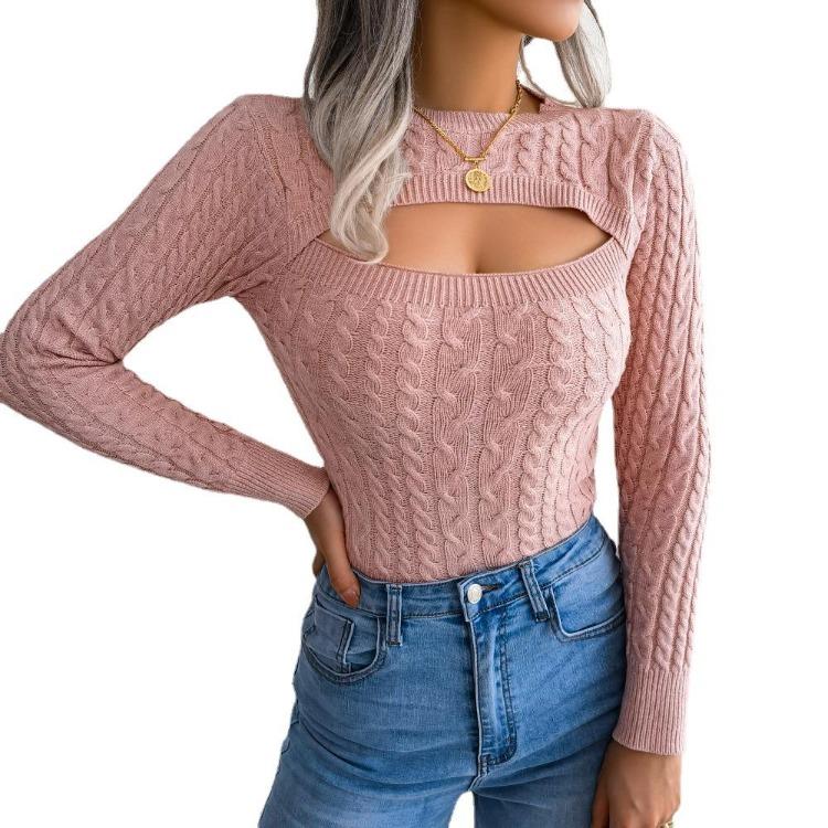 Fall Winter Women Slim Fit Long Sleeve Knitted Sweater Solid Color Cutout Twist All Match Tops