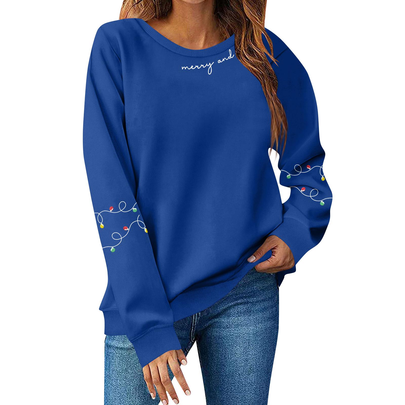 

Женские топы Женский свитшот с длинным рукавом Повседневный с круглым вырезом Свободного кроя Пуловер Флисовые топы S синий