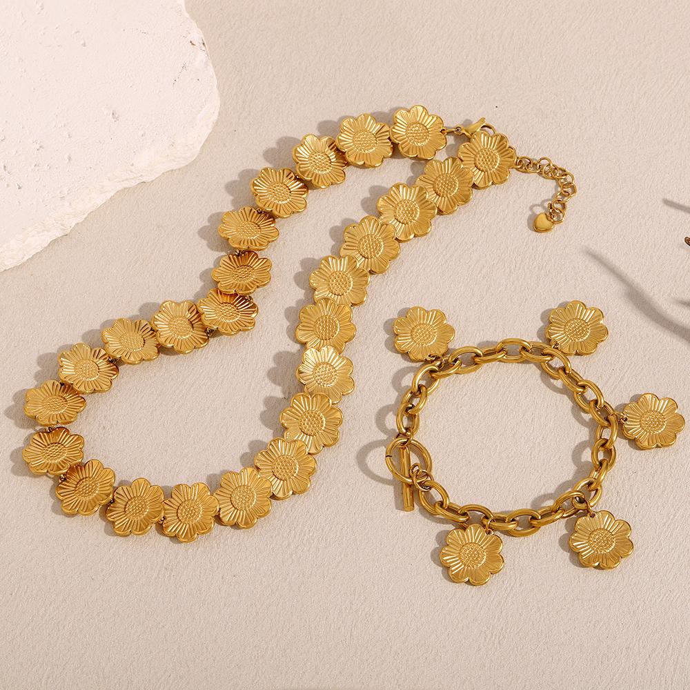 MamacitaSlay 316L Stainless Steel Flower Necklace Bracelet Party Waterproof 18K Gold Plated Jewelry Set Women's Elegant Gift