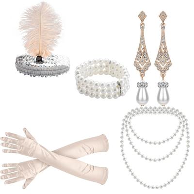 1920s Flapper Jewelry Accessories Sequins Feathered Headband Necklace Bracelets Earring Gloves for Women Halloween Proms