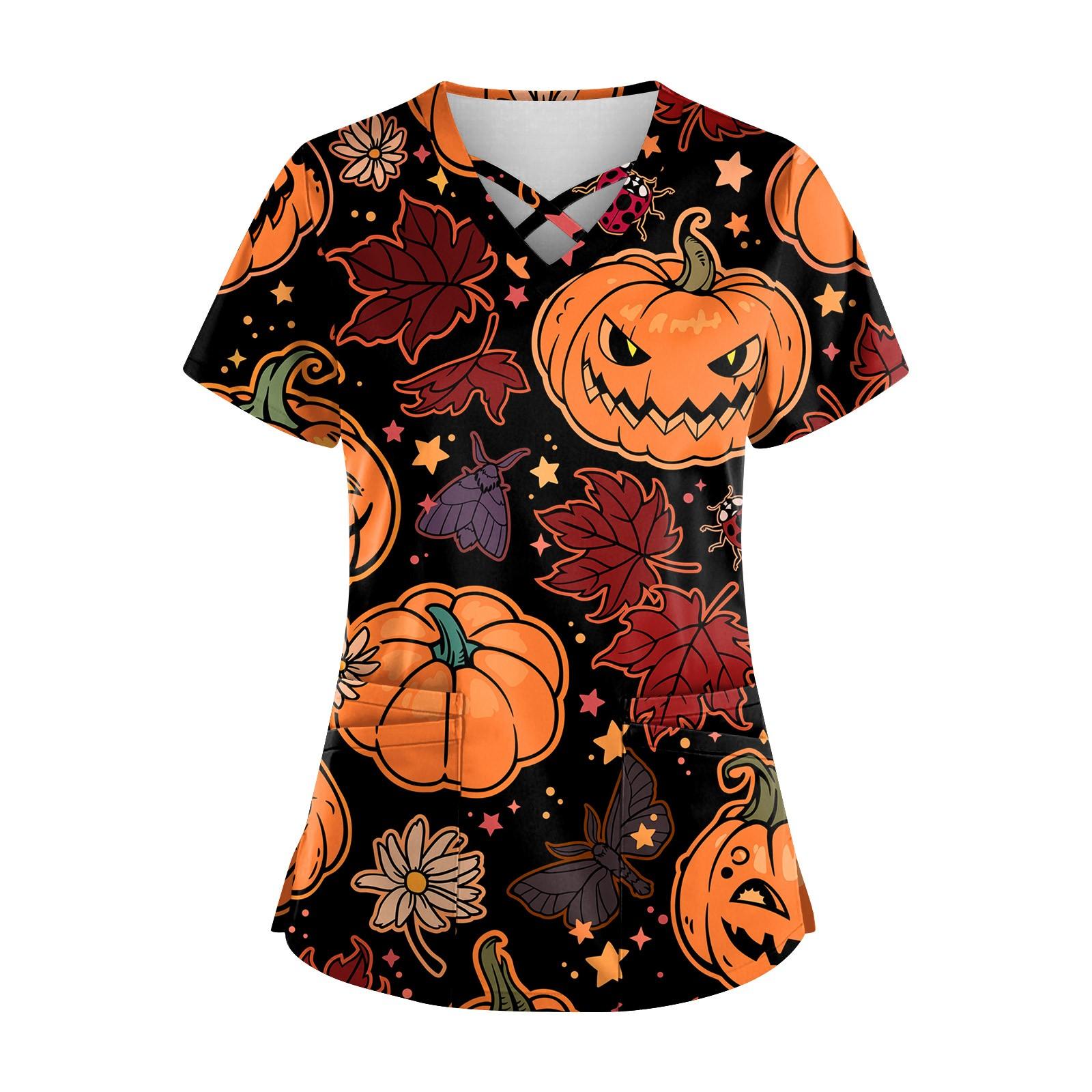 

Плюс размерСкраб с принтом Рабочая форма Топы для женщин Крест V-образным вырезом Хэллоуин Принт с короткими рукавами Забавные футболки Спецодежда Футболка с карманами XXXL имбирный