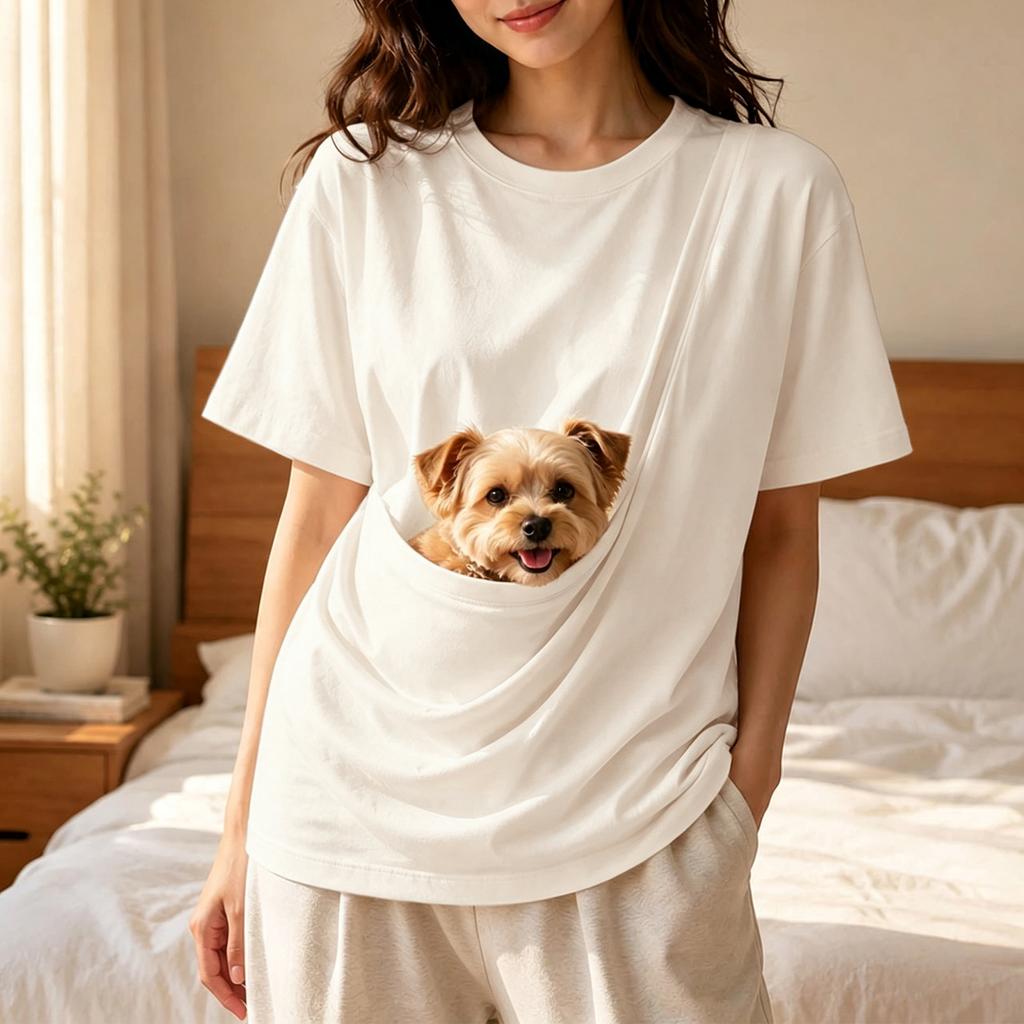 Unisex Short Sleeve T-Shirt with Large Pockets for Phone and Pet, Loose Fit Drop Shoulder Casual Top