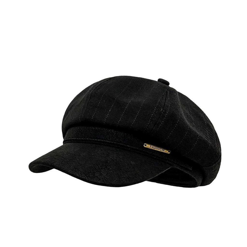 British Style Splicing Striped Octagonal Hat Female Face Small Big Head Circumference Beret Versatile Fashion Newsboy Painter Hat