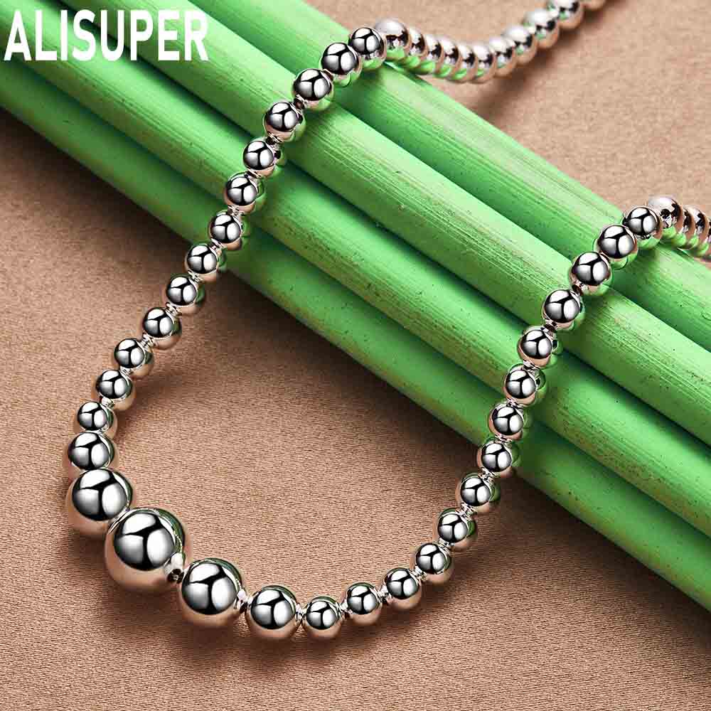

925 стерлингового серебра 6 8 10 12 мм гладкий шарик бусины цепочка браслет ожерелье модные свадебные украшения 45CM