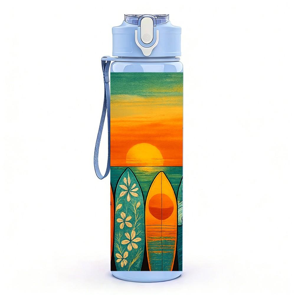 1PC Retro Beach Surfboard Sunset Ocean Print 750ml Color Plastic Sports Water Bottle Leakproof Flip Straw Lid Suitable for Sports Office Home Use