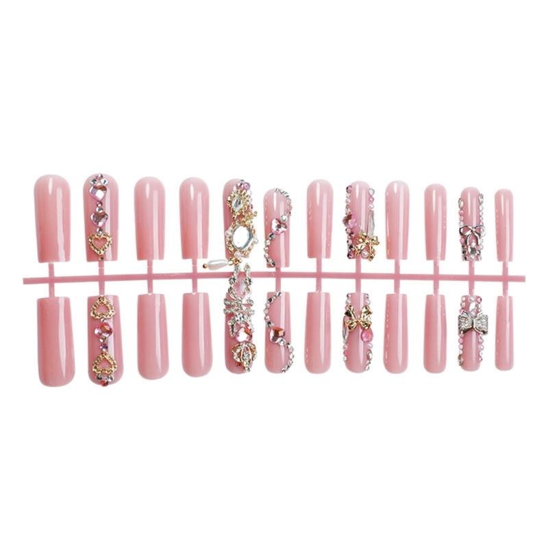 24 Pieces Long Square Press On Nail With 3D Bows and Rhinestones Designs False Nail Sparkling Stick On Nail for Women