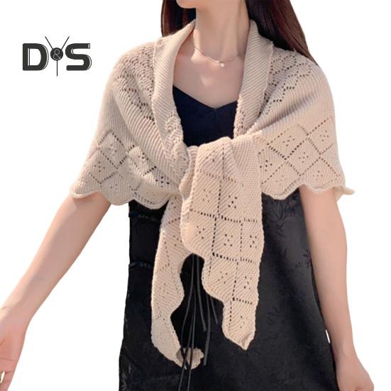 Women Knitting Shawl Solid Color Fringe Design Lightweight Versatile Hollow Shawl Open Knitted Pattern Shawl Wrap