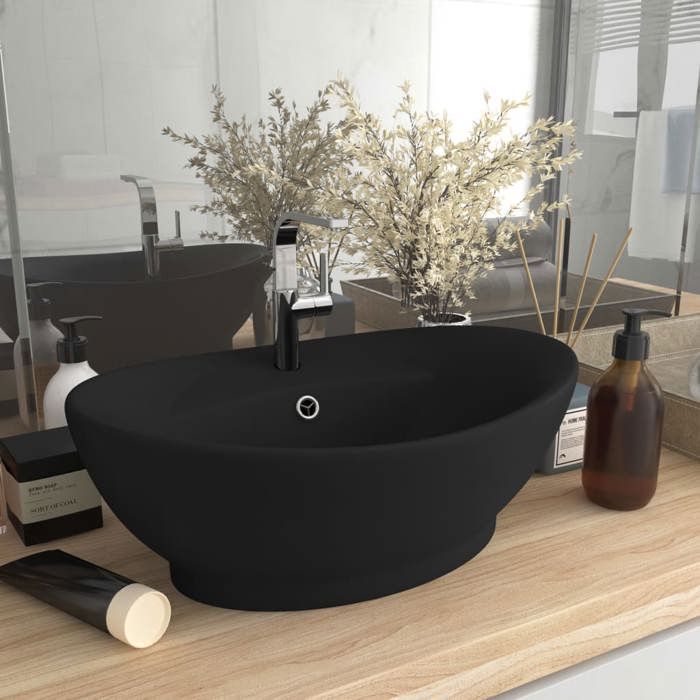 VidaXL Lavabo Ovale de Luxe à Trop-plein Vasque à Poser de Toilette Lave-mains de Salle de Bain Salle Cosmétique Noir Mat 146942