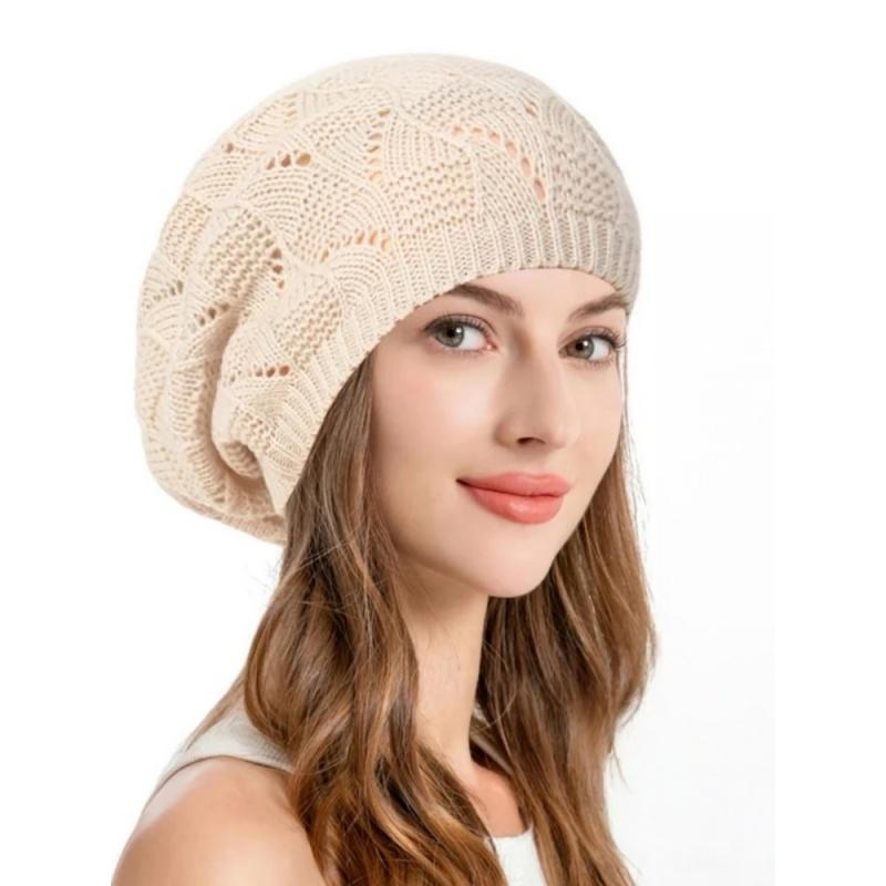 Женская вязаная шапка-берет с ажурным узором Французская шапка художника Однотонная Тонкая вязаная шапка-бини Весна Осень Повседневные женские береты One Size бежевый