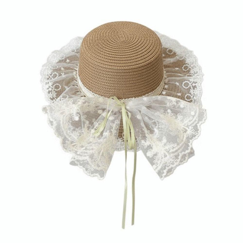 Fisherman Cap Lace Bow Sun Hat Adjustable Breathable Straw Beach Hat Lace Ruffle Wide Brim Hat Summer Beach