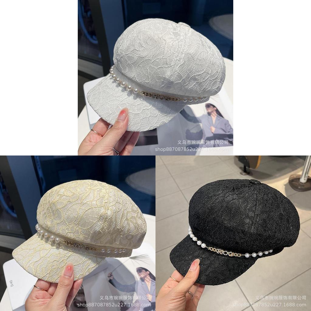 Pearl Chain Lace Octagonal Hat With Wide Brim For Sun Protection And Fashion