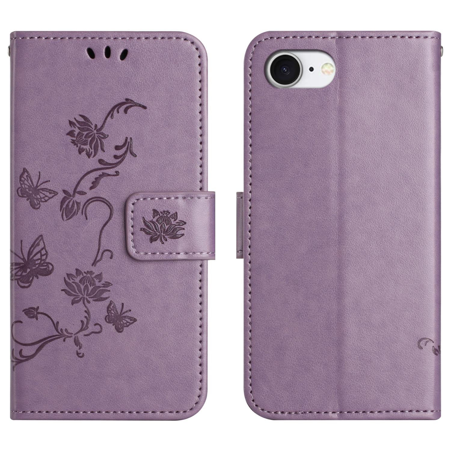 

For iPhone 16e Case Wallet Stand Imprinted Butterfly Flower PU Leather Phone Cover Purple