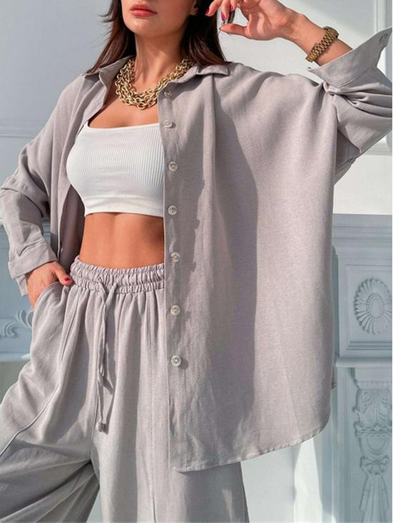 2024 Frühling Zweiteiler: Einfarbiges Revershemd & Harems-Hose