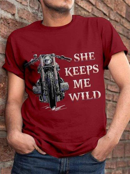Couple Motorcycle She Keeps Me Wild Graphic Unisexs Short Sleeve Tshirt