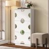 Modern and unique white shoe cabinet, shoe cabinet with 3 flaps, round mirror, large storage space, suitable for entryway/foyer