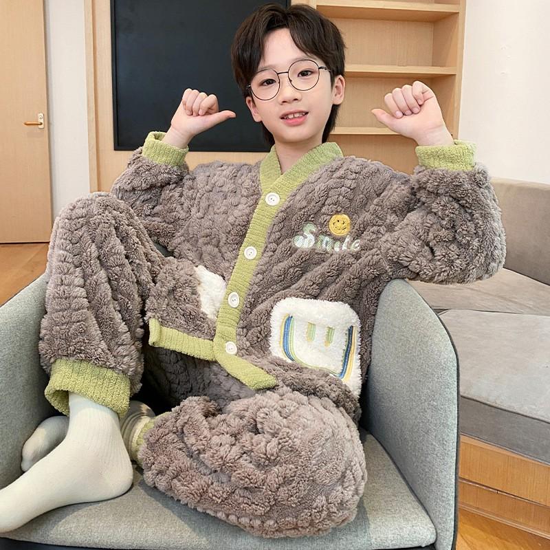 Boys Warm Coral Fleece Pajamas Set Long Sleeve Thickened Home Wear Kids Ages 8 Winter Sleepwear