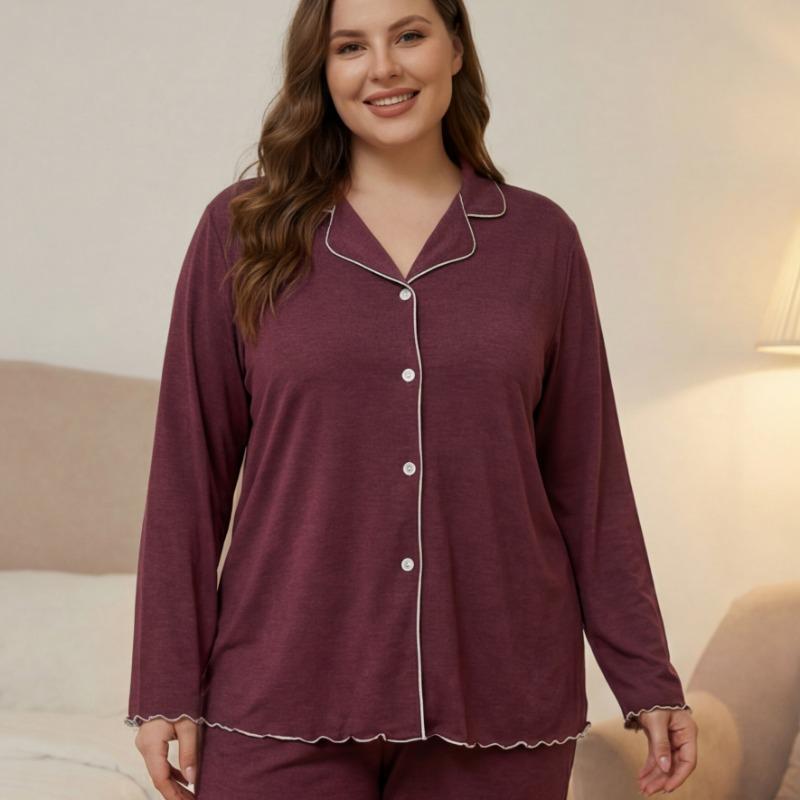 Plus Size Women Two Piece Pajama Set Button Front Cardigan Loose Knit Casual Loungewear Home Sleepwear
