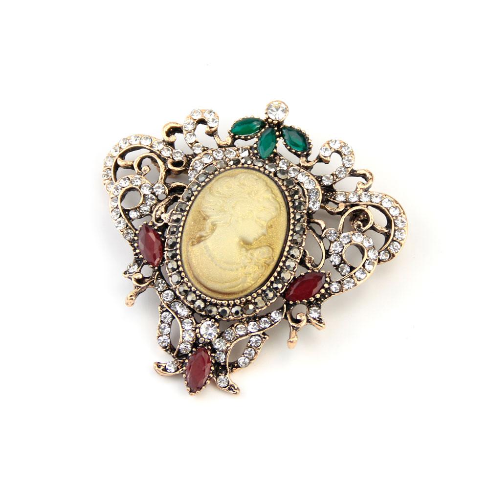 Vintage Victoria Head Brooch Ladies Vintage Gold Resin Rhinestones Ethnic Banquet Lapel Jewelry Party Gift