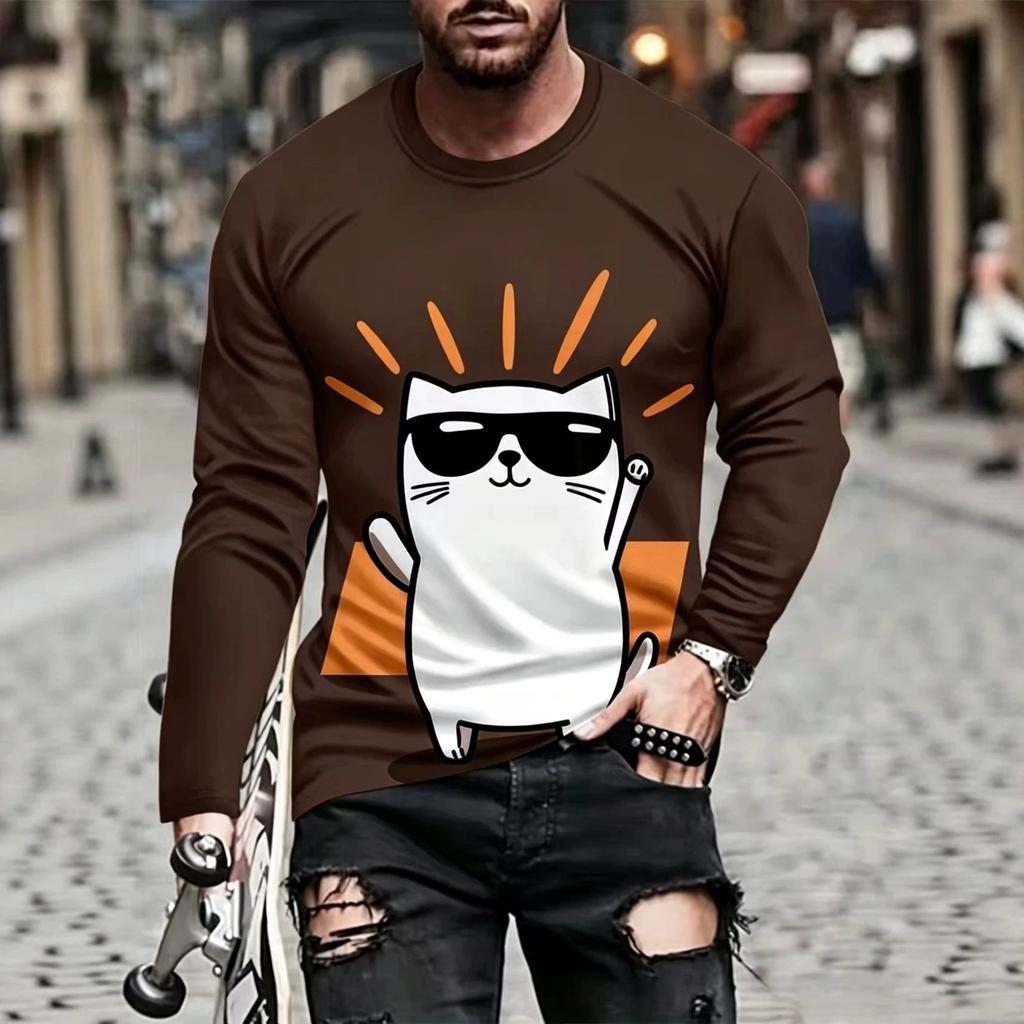 Autumn and Winter Men's Sunglasses Kitten 3D Printed Crew Neck Long-sleeved T-shirt