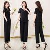 Plus Size Cotton Silk Two-Piece Set: Stylish Casual Short Sleeve Top & Wide-Leg Pants for Moms - Summer Elegance