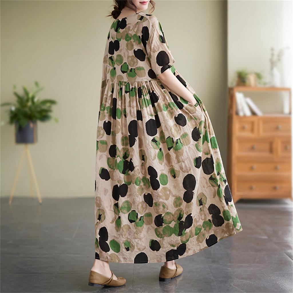 Summer Resort Mori Girl Long Plus Loose Bohemian Floral Perfect for Popular Free Floral Print [kisetsumate] Women's Dress, Cotton-Linen, Style, Dress,