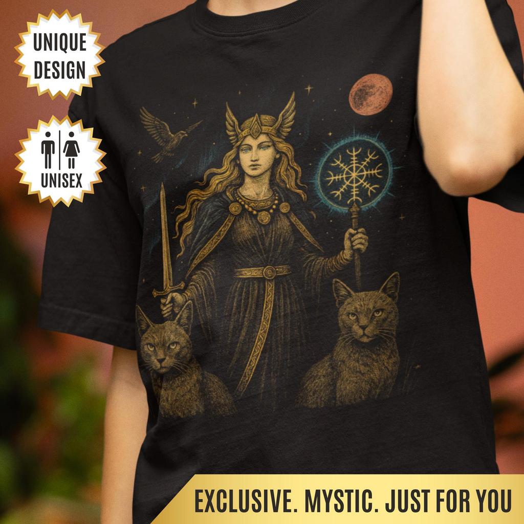 Freya Norse Goddess T-Shirt, Freyja Viking Shieldmaiden Tee, Pagan Witchcore Shirt, Mythology Gift for Her, Nordic Warrior Goddess Shirt