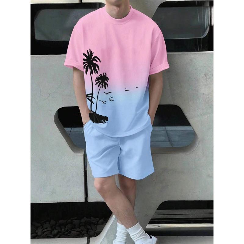 Men's Suit Hawaiian Gradient Coconut Print Suit Summer Beach T-Shirt and Pants 2 Piece Fashion Sports Plus Size Men's Suit
