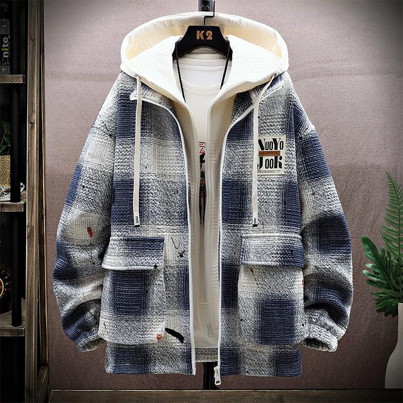 Men's Hooded Plaid Jacket - Spring/Fall/Winter Cotton Outerwear for Teens and Students