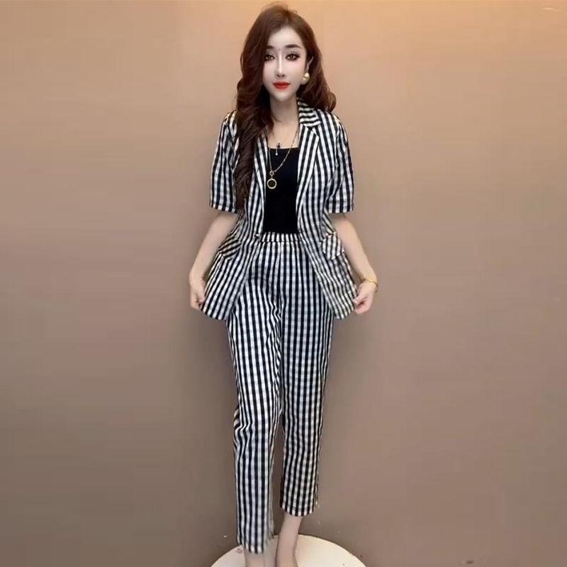 

2025 Summer Women s Slim Plaid Blazer and Skinny Pants Set 3XL (135-145 lbs)