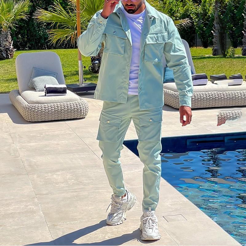 Men's, Solid Color Long Sleeve Button Down Jacket with Chest Pocket and Drawstring Pants with Multiple Pockets, Outdoor 2 Piece Set