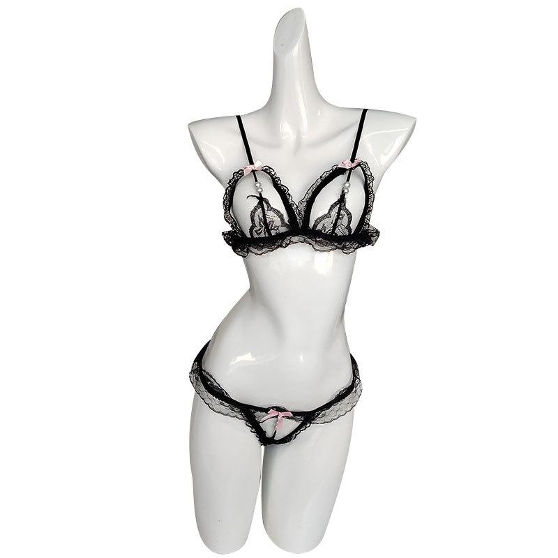 Pearl three-point underwear set, sexy lace open bow, sexy underwear, hot bra.