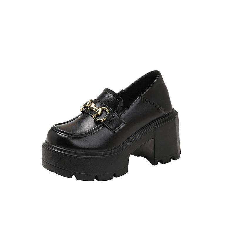 Inner height increase 12cm loafer single shoes genuine leather black thick sole new small leather shoes women 3233 black small leather