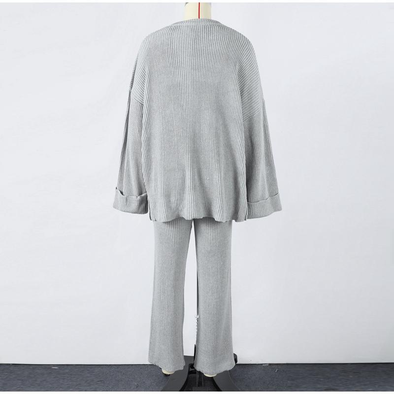 Women Casual Solid Color Knit Sweater Two Piece Set Autumn Winter Thick Round Neck Loose Pullover Wide Leg Pants Matching Sets