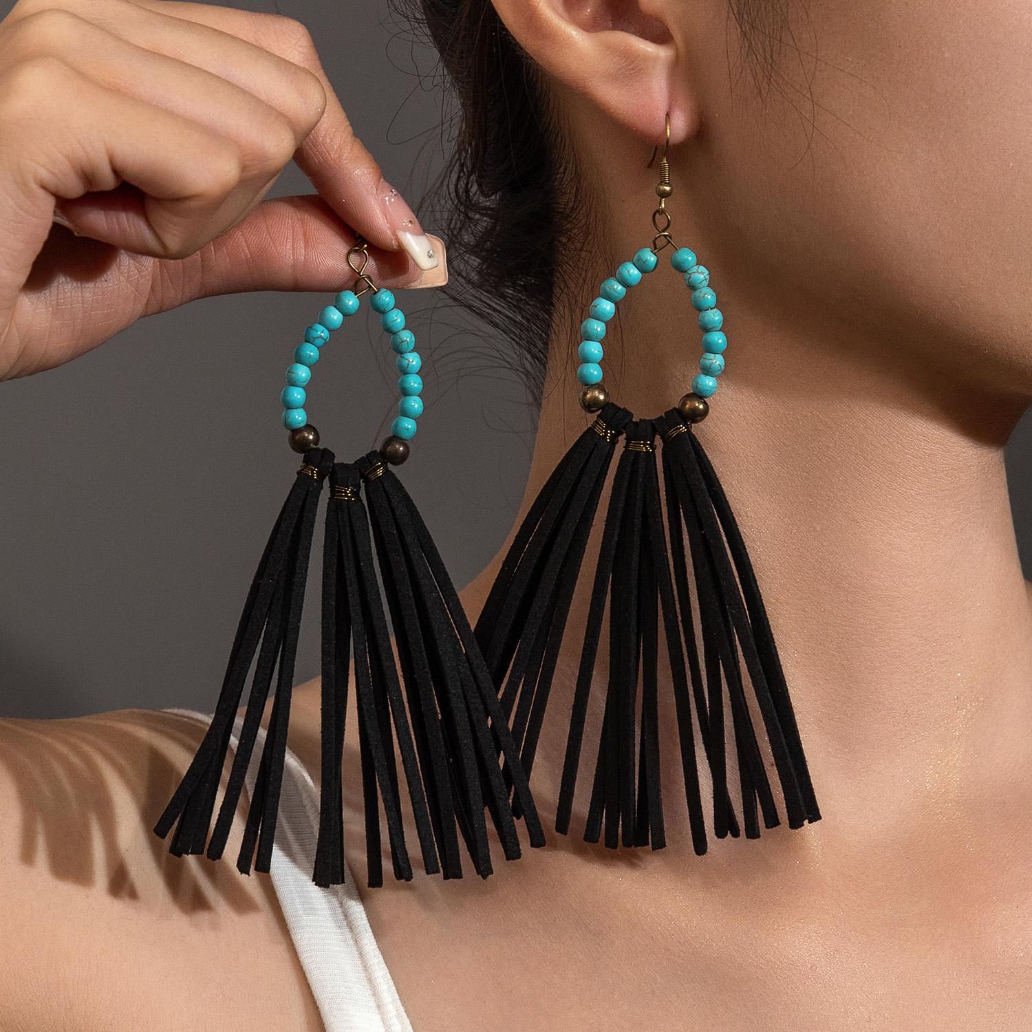 

Fashionable retro turquoise beaded circular earrings woven velvet fabric tassels versatile women s pendant earrings