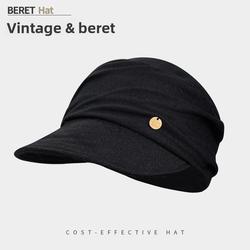 Minimalistisches Goldlabel Dekoratives Falten-Design Lässiges Sonnenschutz-Barett für Damen Frühling Sommer