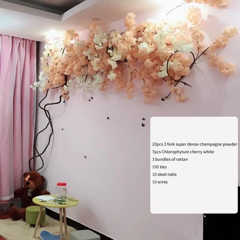 Artificial Cherry Tree Rattan Flower, Silk Wedding Background, Wall Decoration Flower, Home Decoration