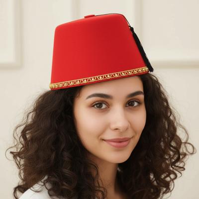 Round Felt Fez Cap Moroccan Hat Red Color Tarboosh Fez Hat Ottoman Cosplay Turkish Tassels Cap Role Play Headwear