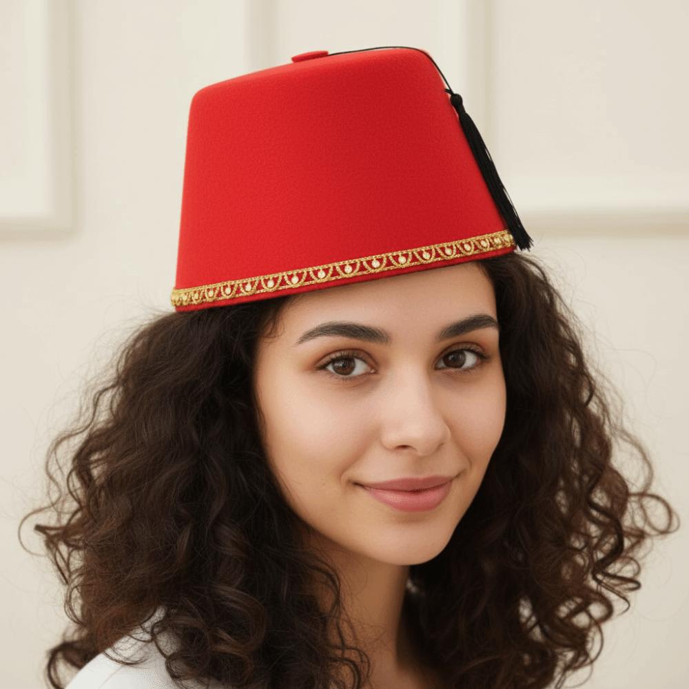 Universal Round Felt Fez Cap Moroccan Hat Red Color Tarboosh Fez Hat Ottoman Cosplay Turkish Tassels Cap Role Play Headwear
