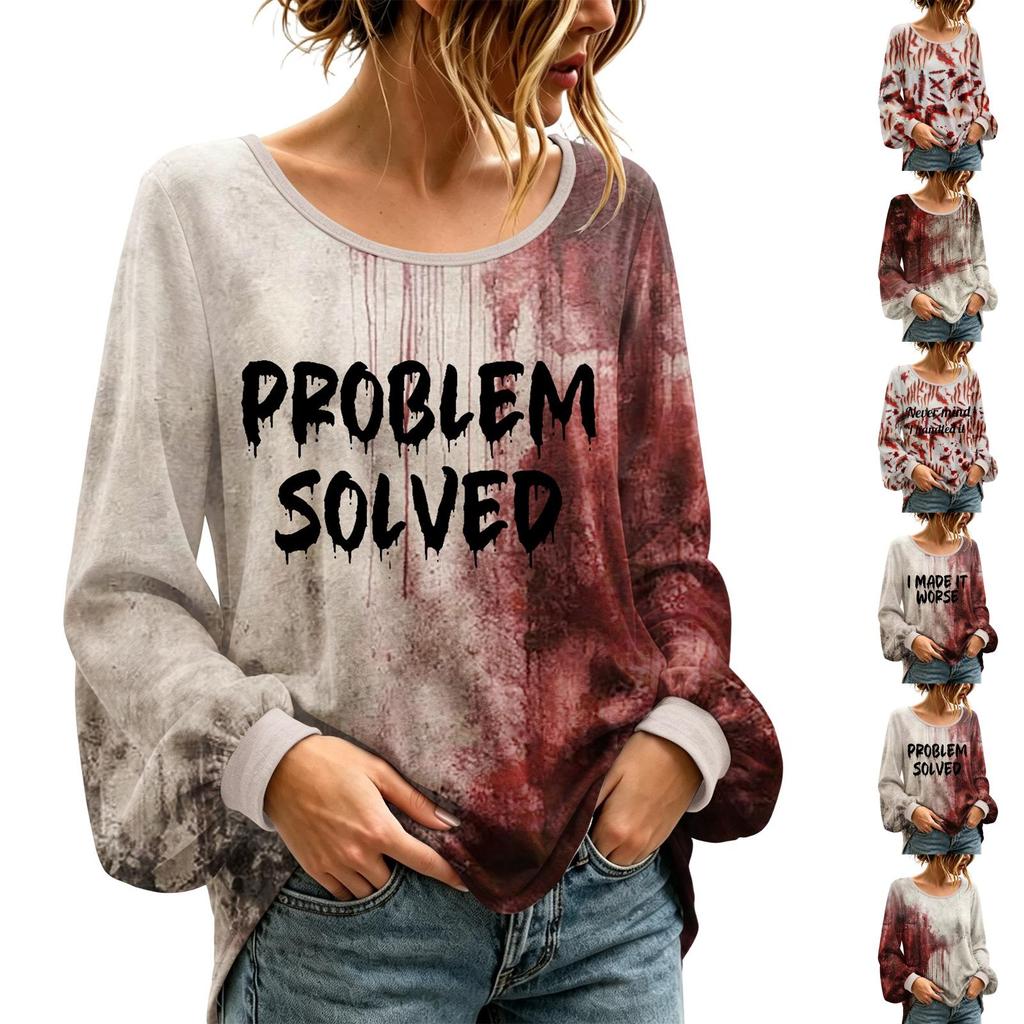 Women's Long Sleeve Round Neck Halloween Printed Tunic Top for Festive Occasions