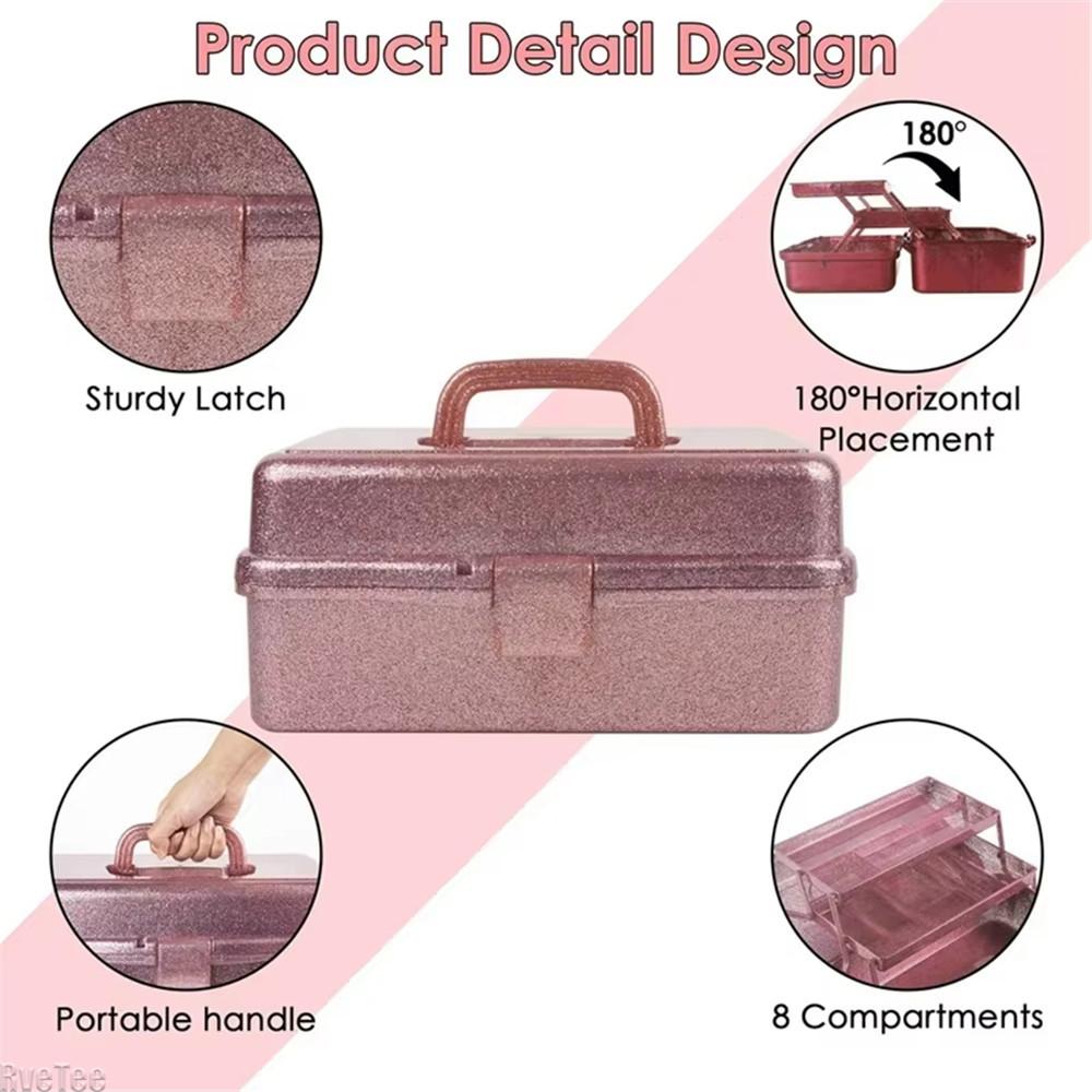 Glitter Pink & Craft Tool Storage Box,3-Layer Stackable Carry Tackle Box Sewing Box Organizer For Art