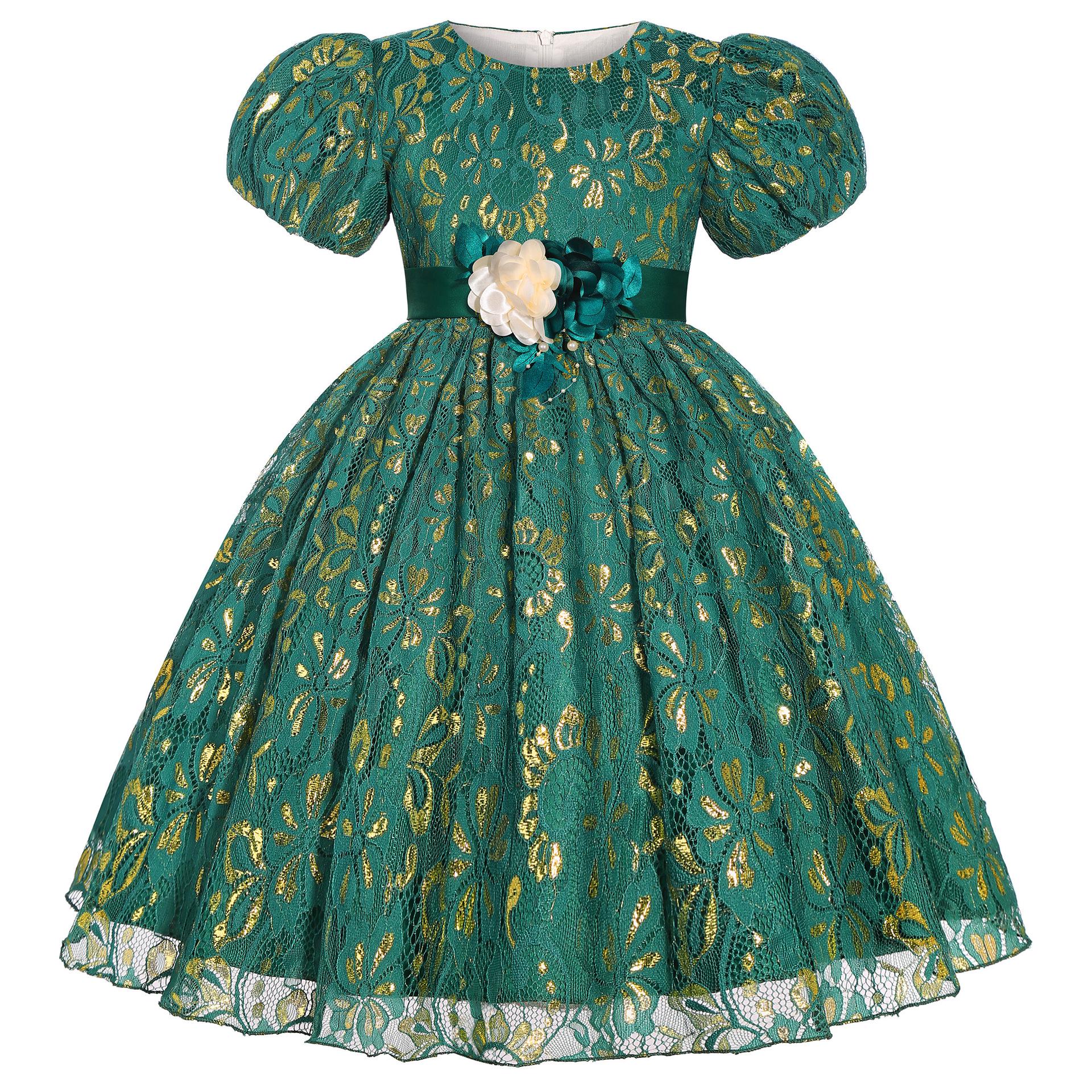 Children s Puff Sleeve Floral Princess Dress - Formal Mesh Flower Girl Wedding Attire 100cm зелёный