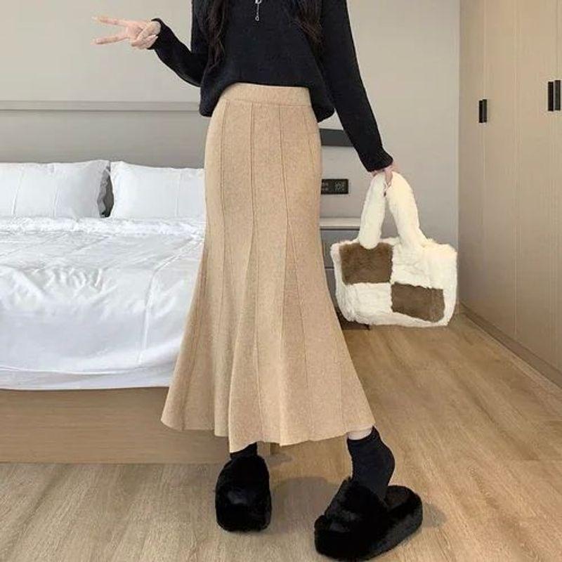 High Waisted Slim Fit Fishtail Skirt Pure Color High Waist Silm Fishtail Skirt