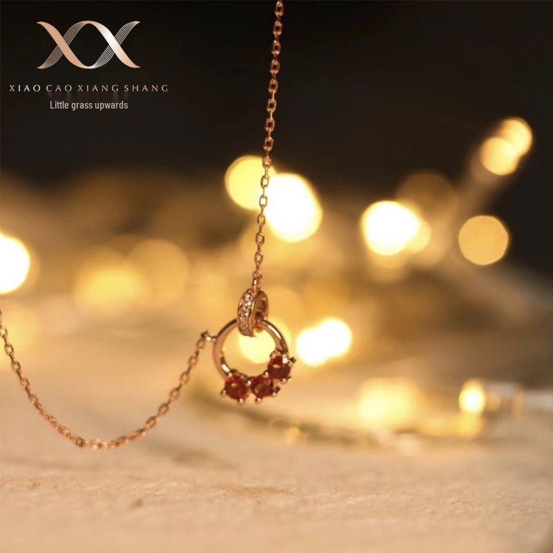 18K Gold Plated S925 Sterling Silver Garnet Red Zirconia Necklace Pendant for Women 18K Gold