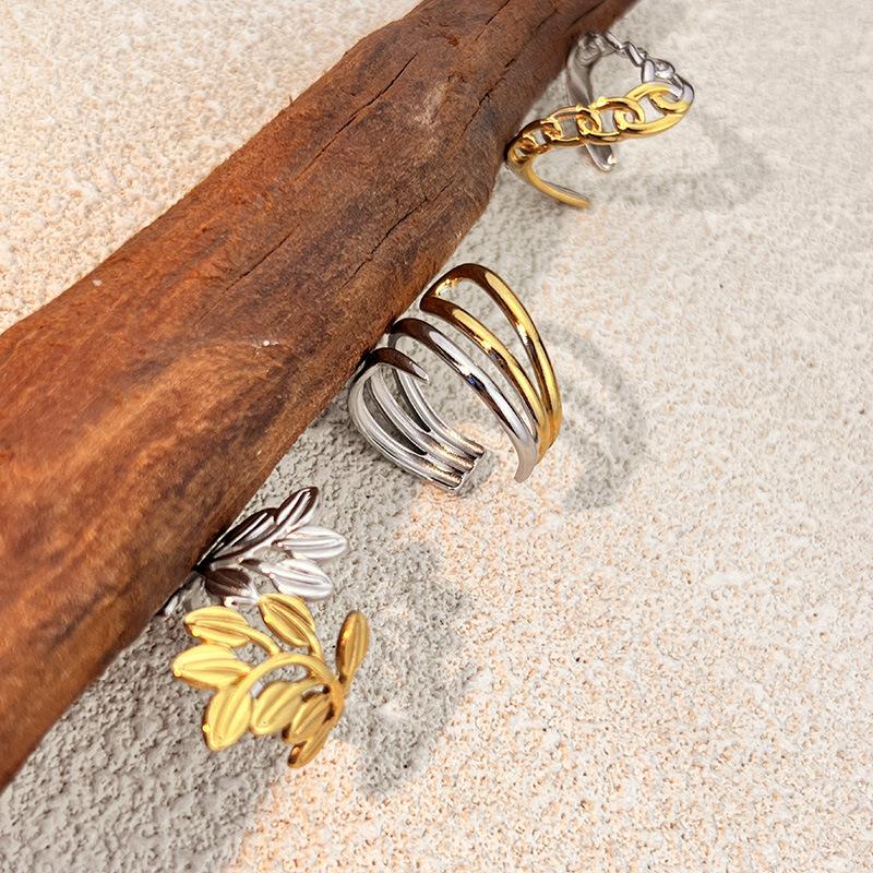 New Stainless Steel Rings Neutral Two Tone Spliced Irregular Open Rings Fashion Non-Fading Banquet Daily Wear Jewelry Accessory
