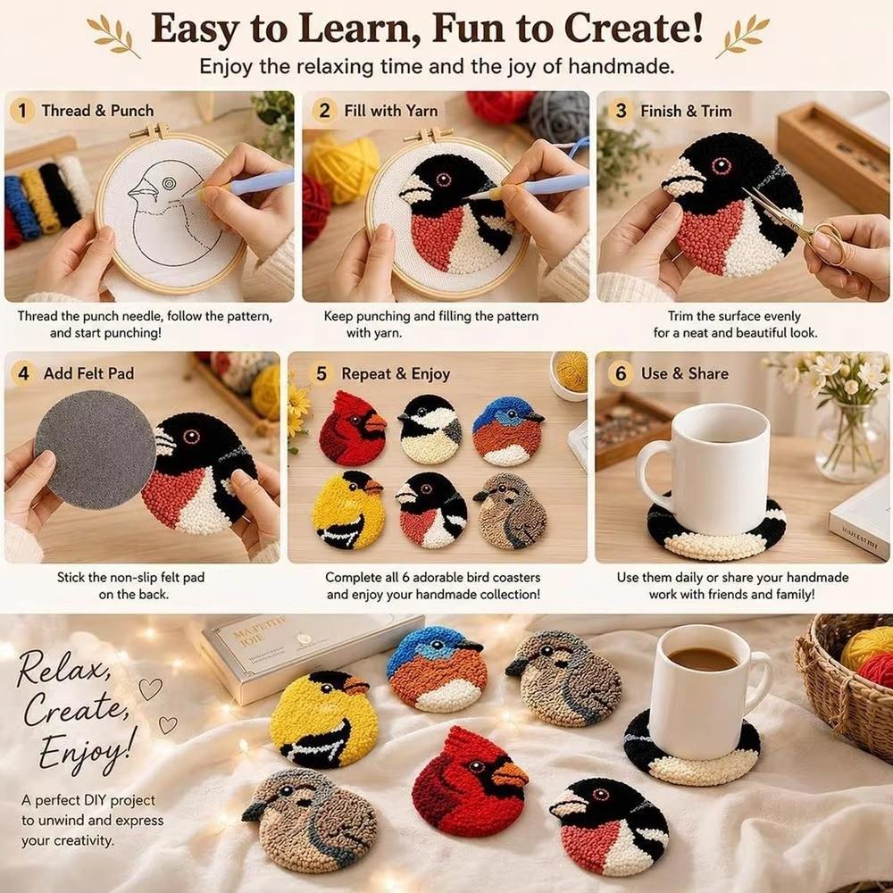 Soft Bird Coasters Punch Needle Kit Handmade Bird Coaster Kit Embroidery Coaster Kit for Beginners