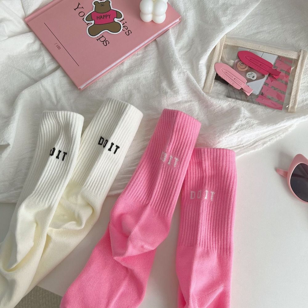Colorful Letter Crew Socks Solid Calf Socks Personality Pink Socks Daily