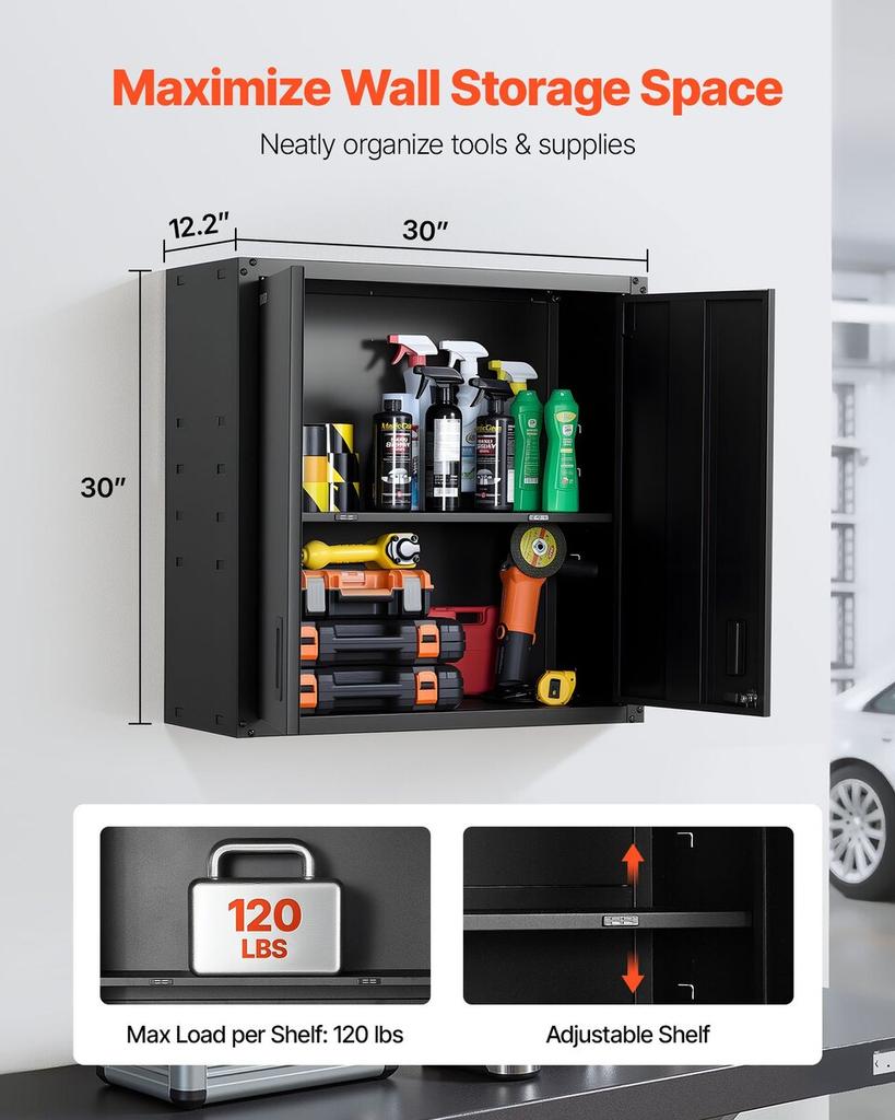 Metal Wall Cabinet, 76.2W x 31D x 76.2H cm, Steel Floating Hanging Storage Cabinet with Locking Doors and Adjustable Shelf for Garage, Basement,