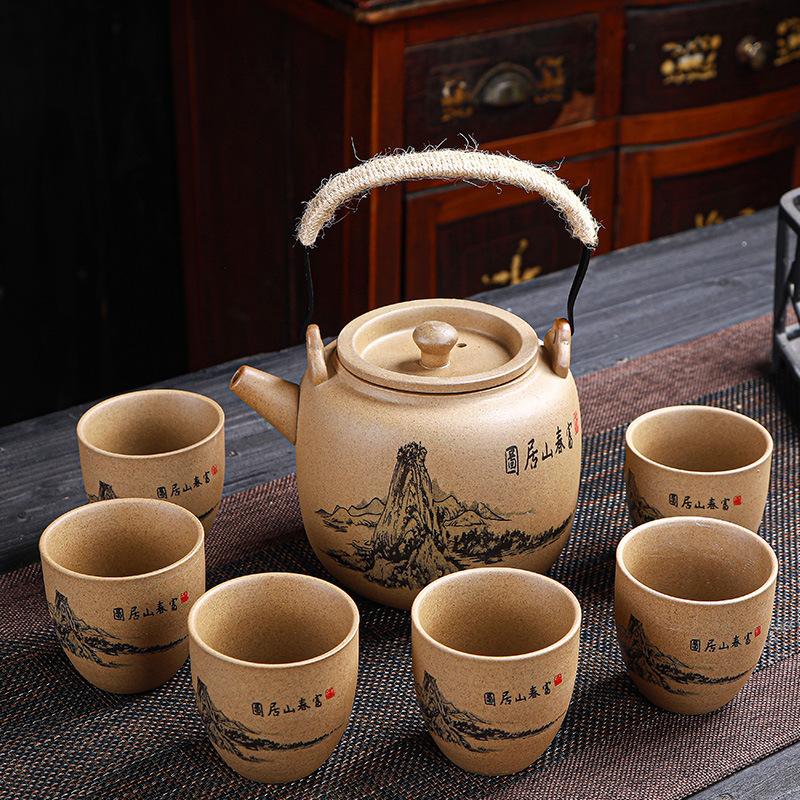 Hrubá keramika, Pálení palivového dříví, Konvice se zvedacím trámem, Konvice na čaj, Čajová sada, Japonská ručně vyráběná retro keramická velká nádoba, Velký šálek, Kompletní sada
